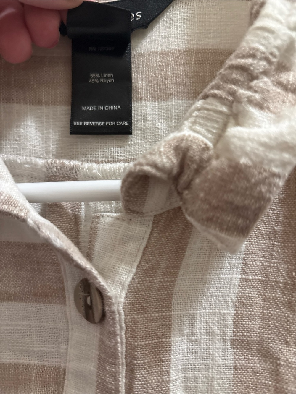 Ali Miles Linen Blend Button Down Size M Shirt Tan & White Beach Resortwear - Picture 3 of 6